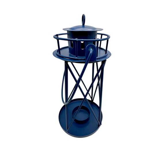 Lighthouse Candle Votive Holder Wire Dark Blue Open Metal 7.5" High Nautical - Picture 1 of 6